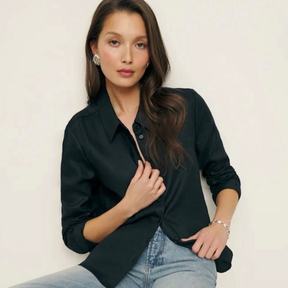 Reformation Black linen long sleeve Button-Up Shirt Blouse XS